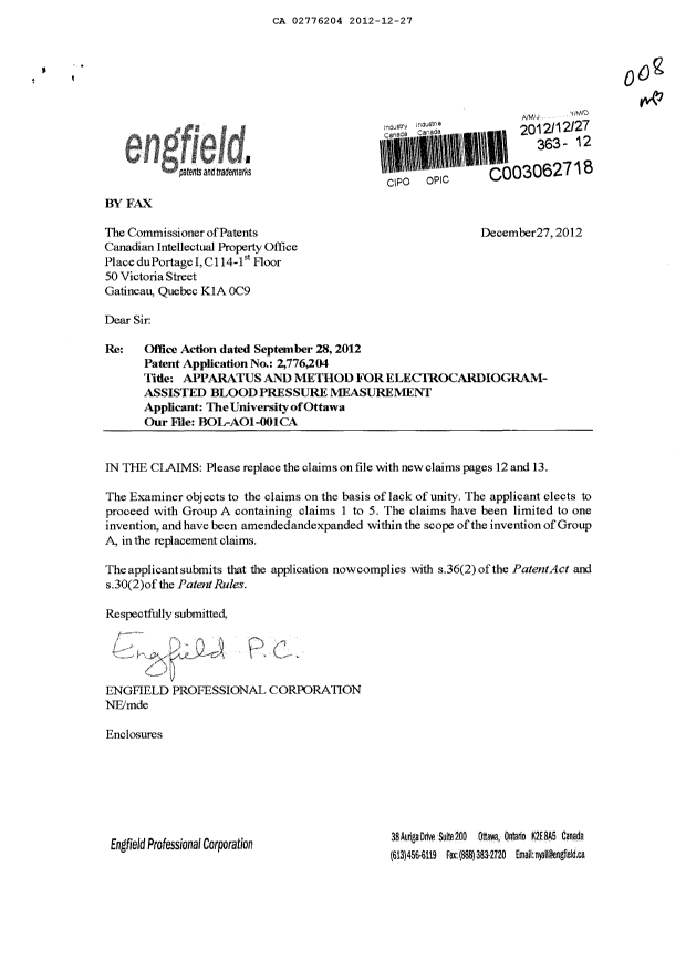 Canadian Patent Document 2776204. Prosecution-Amendment 20111227. Image 1 of 3