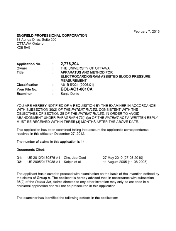 Document de brevet canadien 2776204. Poursuite-Amendment 20121207. Image 1 de 3