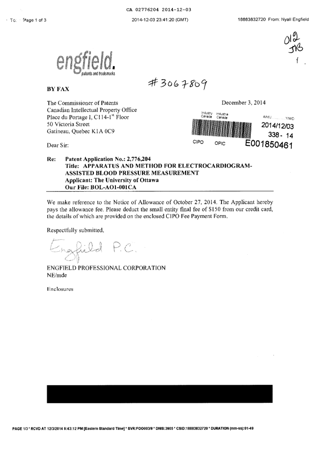 Document de brevet canadien 2776204. Correspondance 20141203. Image 1 de 1